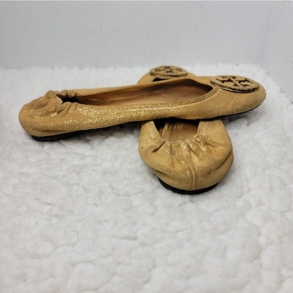 Tory Burch Reva Ballet Flats Women’s 10.5 Gold Metallic Leather Logo Shoes - Picture 6 of 13